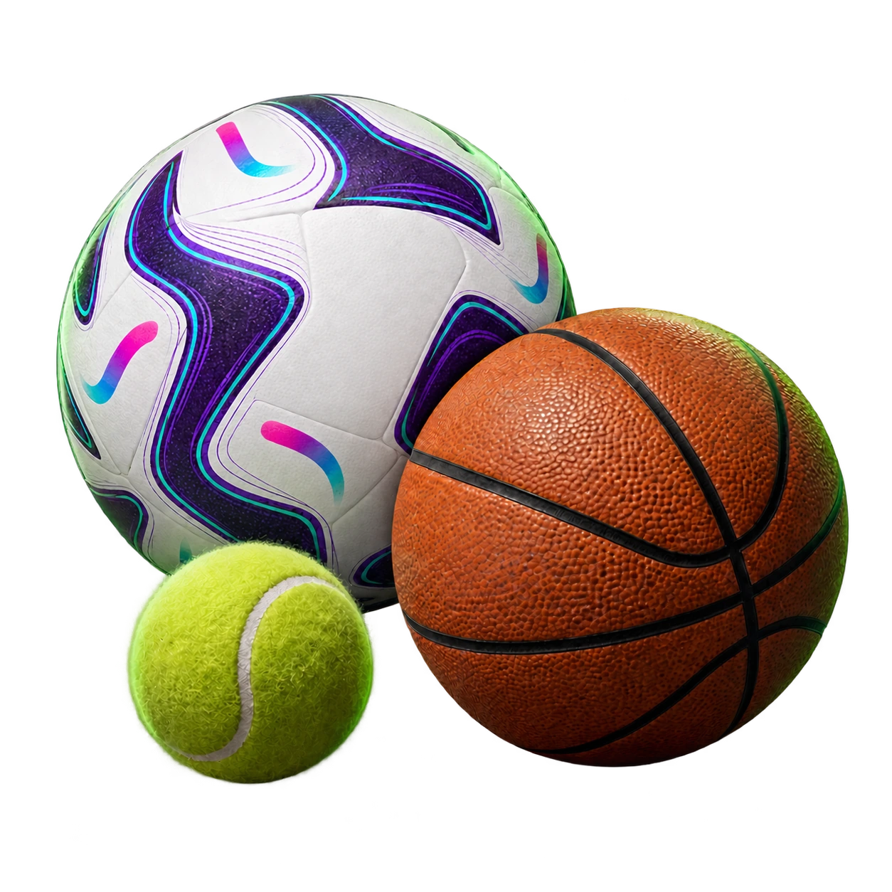 White football with purple, pink and turquoise details alongside a tennis ball and basketball
